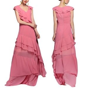 Silk Blend Tiered Ruffle Occasion Maxi Dress in Pink. Size XL